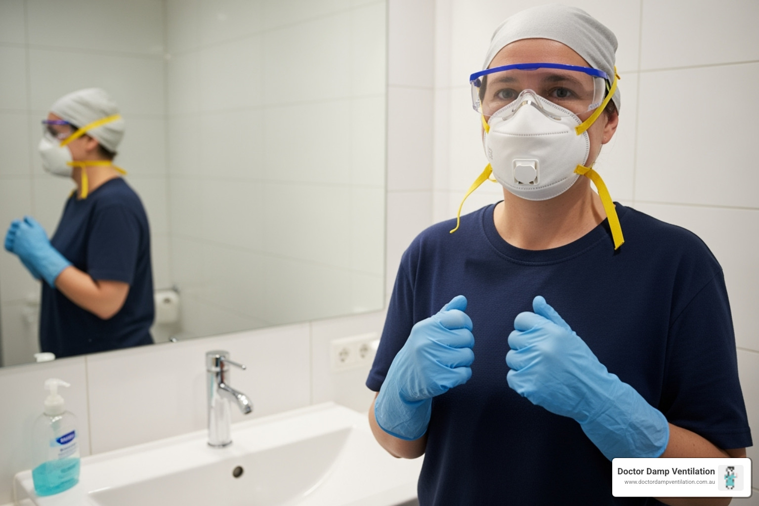 person wearing an N95 mask, gloves, and goggles - black mould in bathroom person wearing an N95 mask, gloves, and goggles - black mould in bathroom