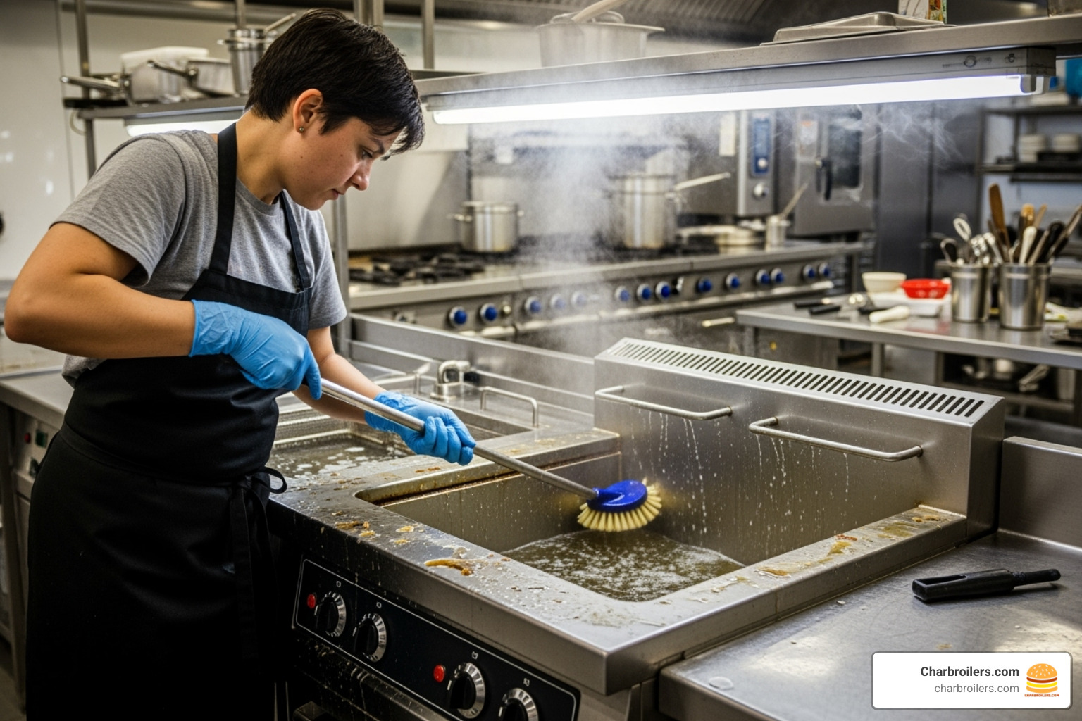 person cleaning an Atosa fryer tank - atosa fryer