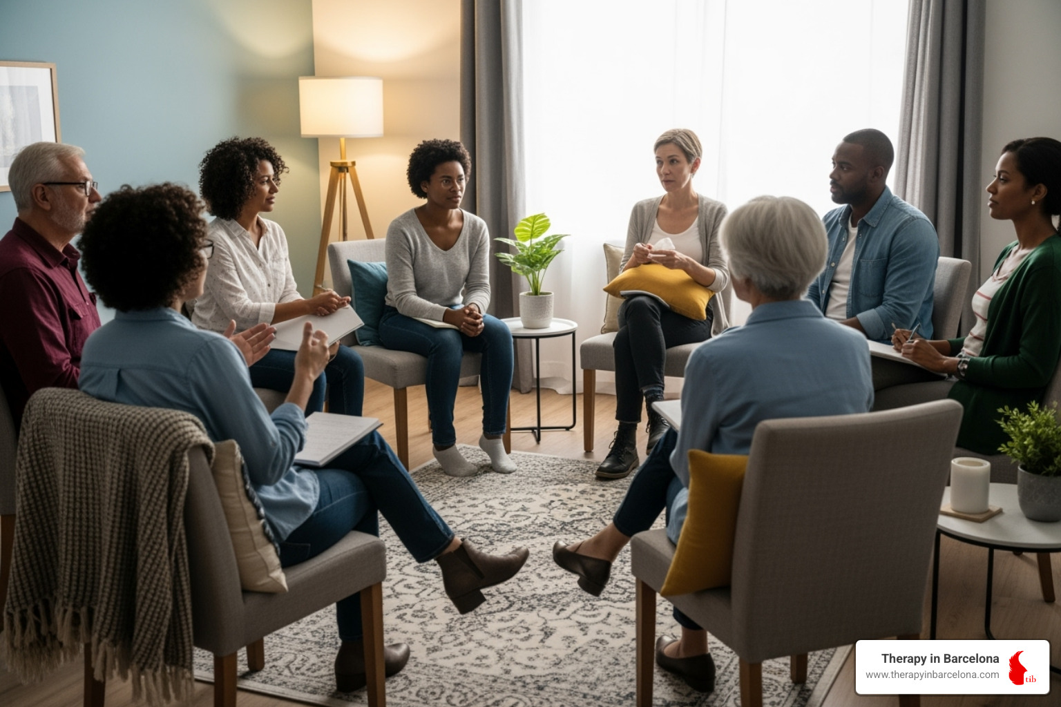 Diverse people in a group therapy setting - Therapist in Madrid