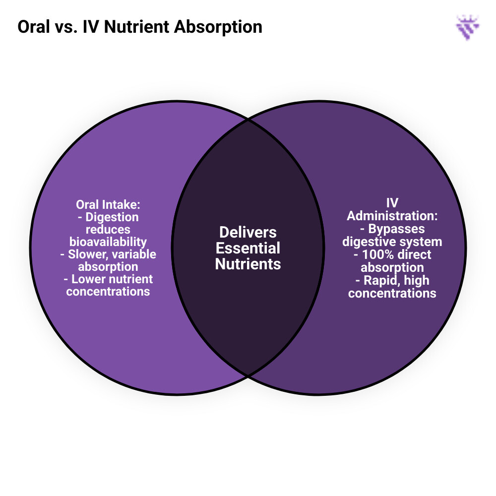 Table comparing bioavailability and absorption speed of nutrients taken orally vs. intravenously. - Myers cocktail therapy infographic venn_diagram