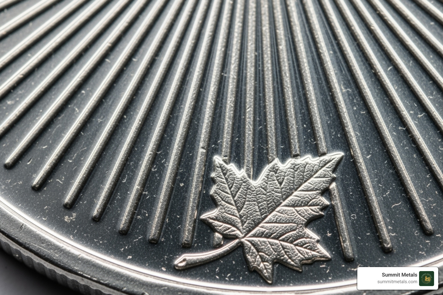 Security features on the Canadian Silver Maple coin (micro-engraved privy mark and radial lines)