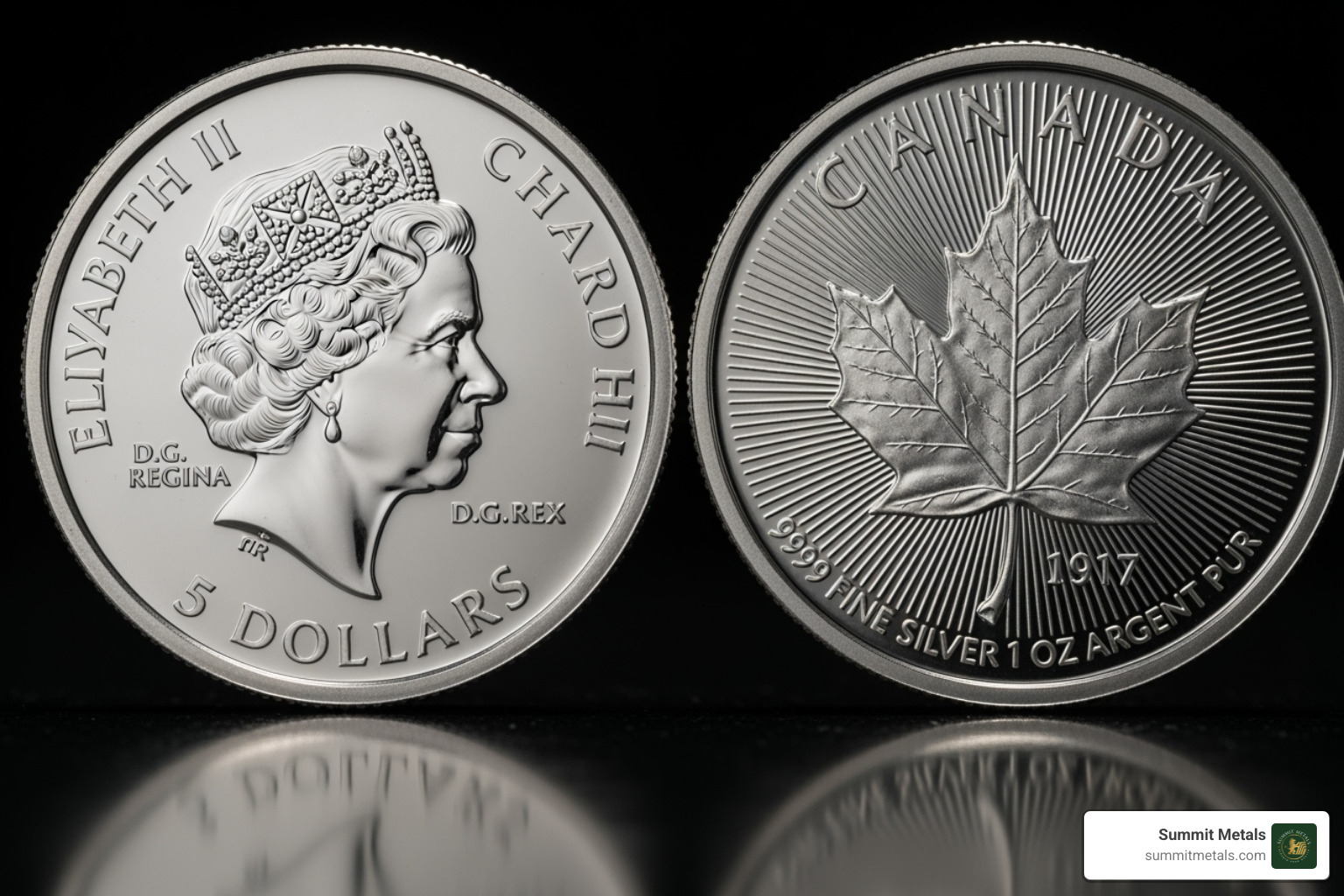 Close-up of both sides of a Canadian Silver Maple bullion coin