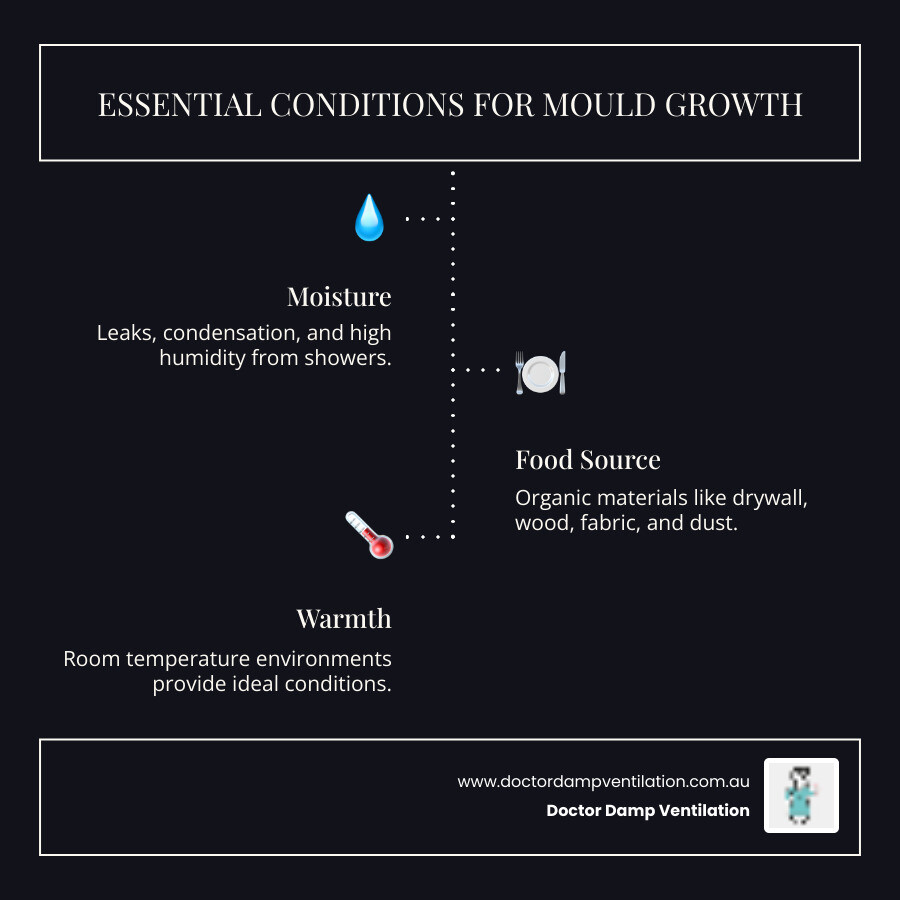 Infographic detailing the three essential conditions for mould growth: a moisture source (e.g., leaky pipes, condensation), a food source (e.g., cellulose from drywall, wood, fabric), and suitable temperature (warmth, typically room temperature). It also visually represents common areas in a bathroom where these conditions are met, such as shower walls, grout lines, and behind toilets. - black mould in bathroom infographic infographic-line-3-steps-dark Infographic detailing the three essential conditions for mould growth: a moisture source (e.g., leaky pipes, condensation), a food source (e.g., cellulose from drywall, wood, fabric), and suitable temperature (warmth, typically room temperature). It also visually represents common areas in a bathroom where these conditions are met, such as shower walls, grout lines, and behind toilets. - black mould in bathroom infographic infographic-line-3-steps-dark