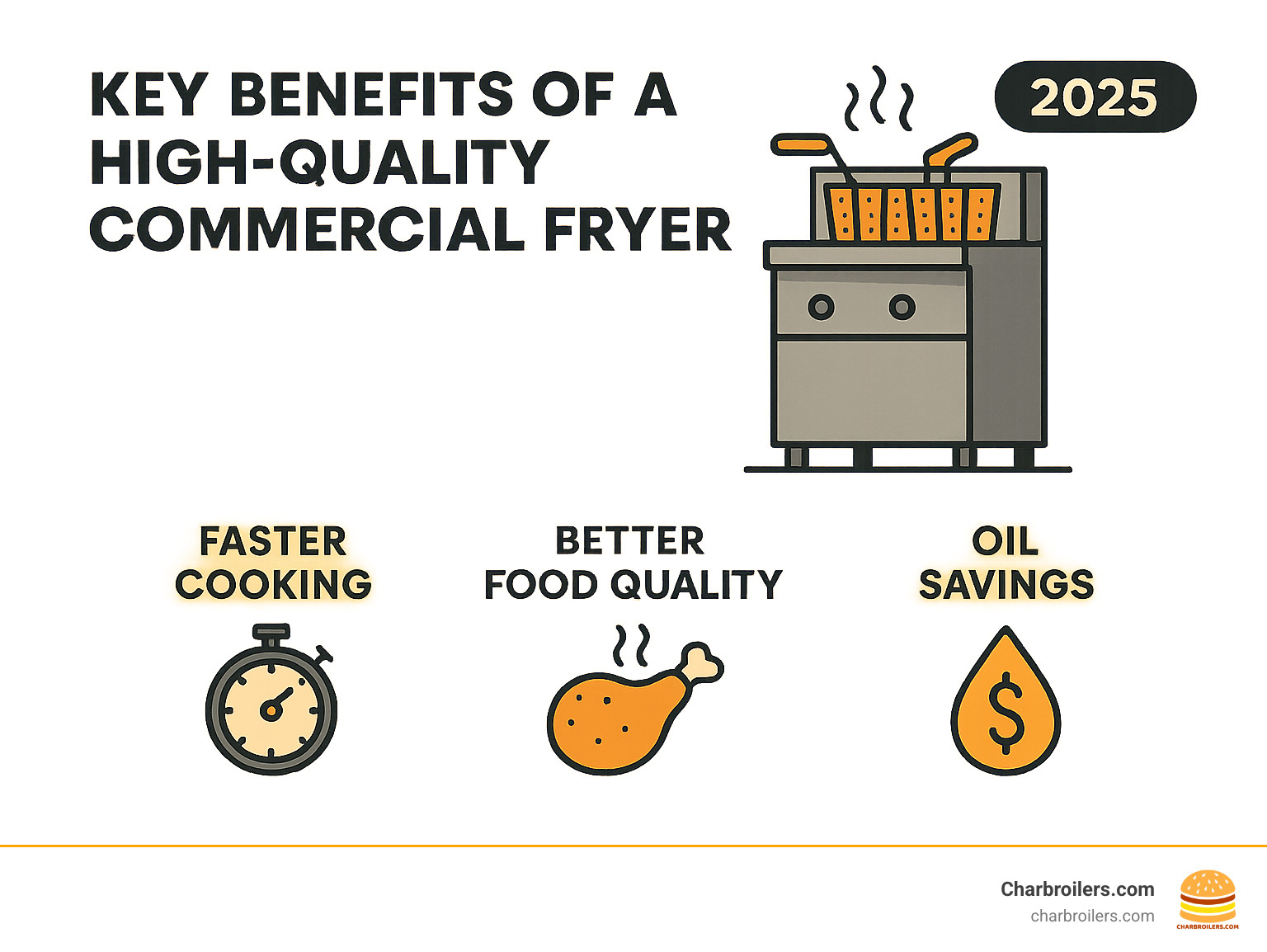 Infographic explaining the key benefits of a high-quality commercial fryer like an Atosa, showing icons for faster cooking, better food quality, and oil savings. - atosa fryer infographic 