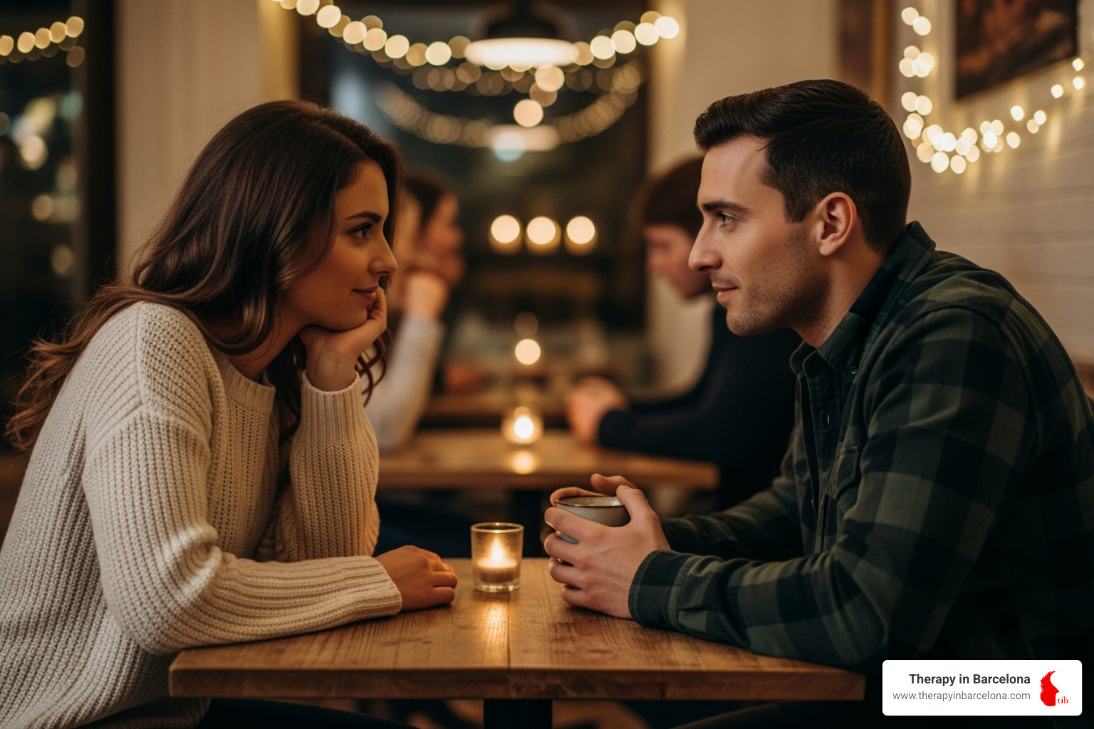 A couple sitting face-to-face, listening intently to each other - couple relationship building exercises