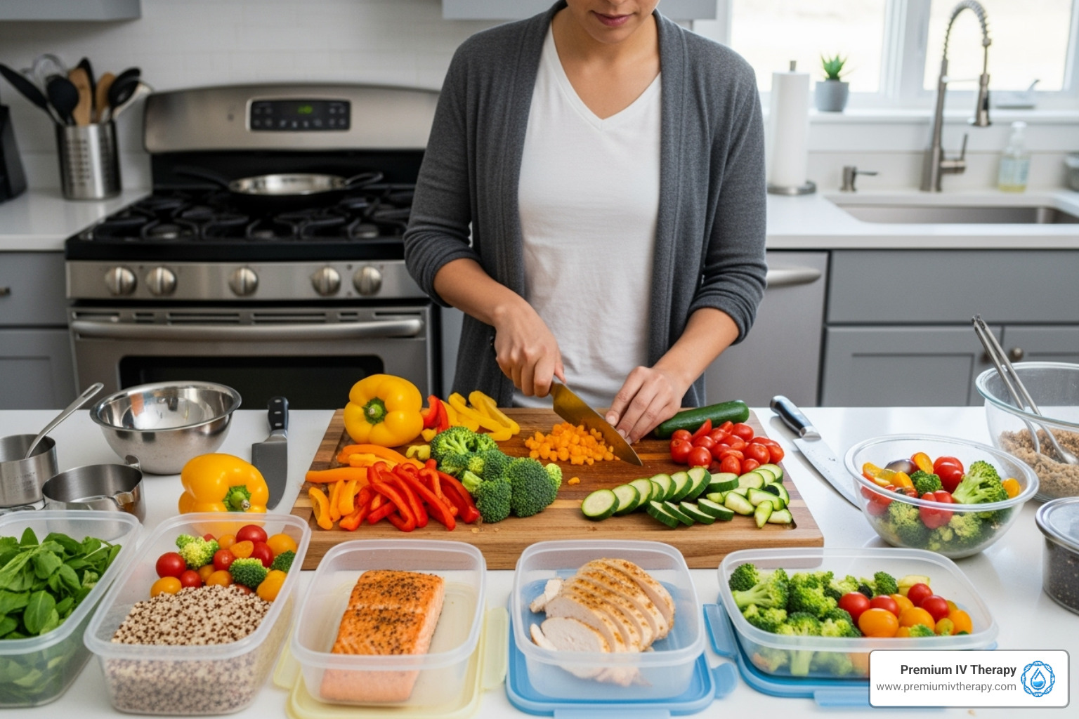 A person meal prepping with fresh vegetables and lean protein - can liquid iv help you lose weight