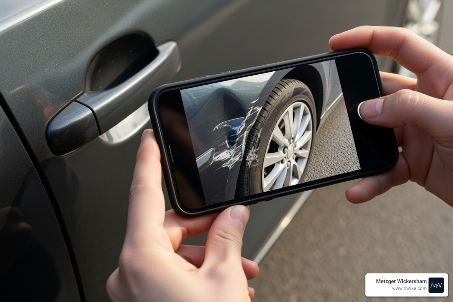 A driver taking photos of car damage with their smartphone - Car accident attorney Lancaster