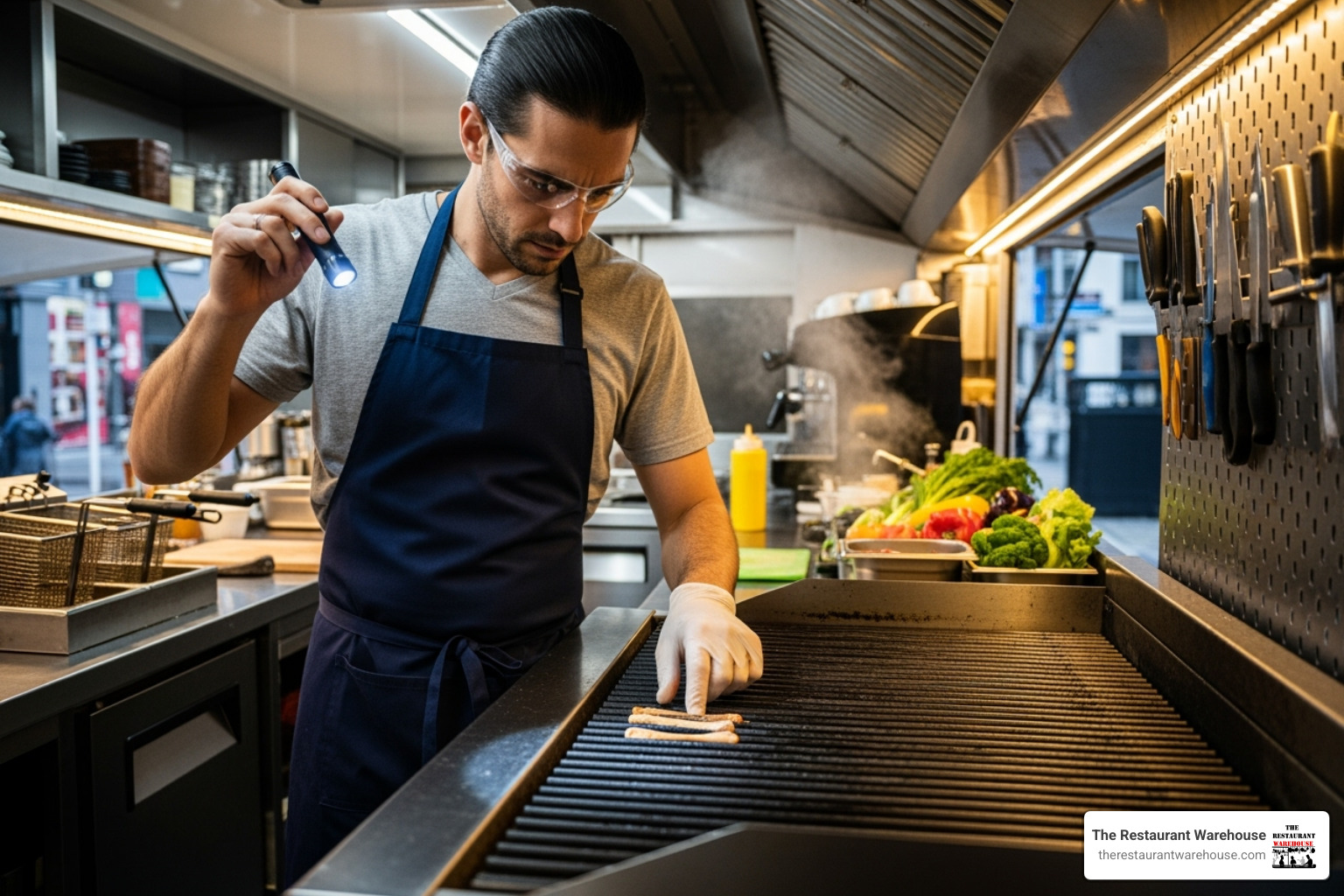 person inspecting kitchen - used food trucks for lease