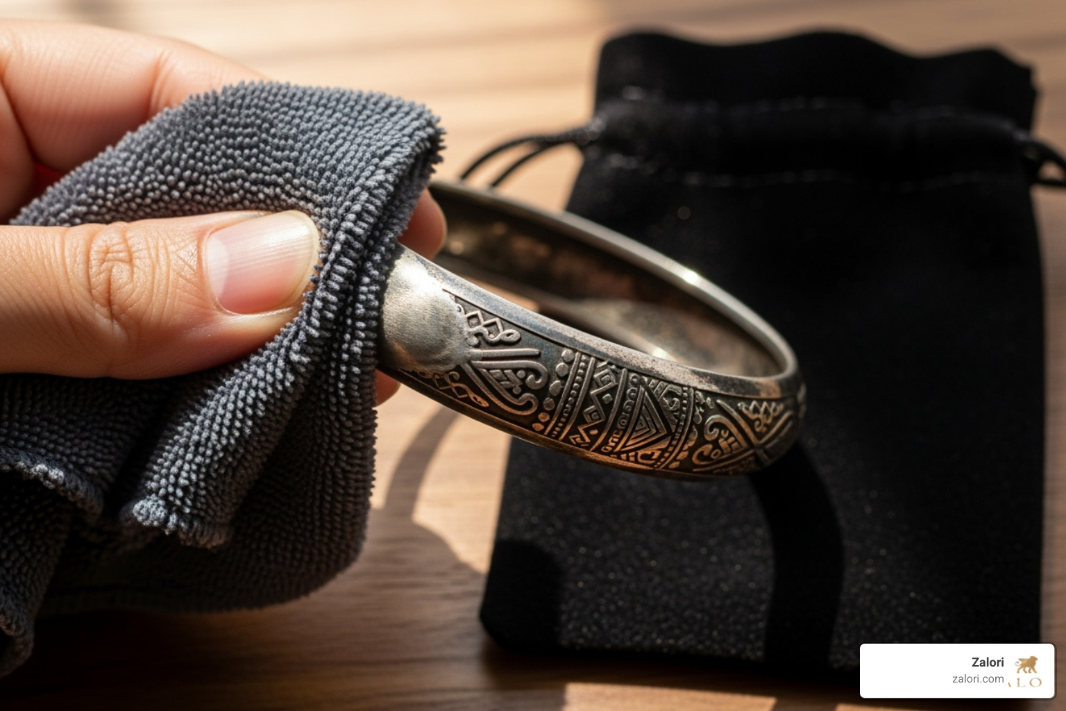 soft cloth gently wiping an oxidized bangle, with a jewelry pouch nearby - women oxidized bangles soft cloth gently wiping an oxidized bangle, with a jewelry pouch nearby - women oxidized bangles