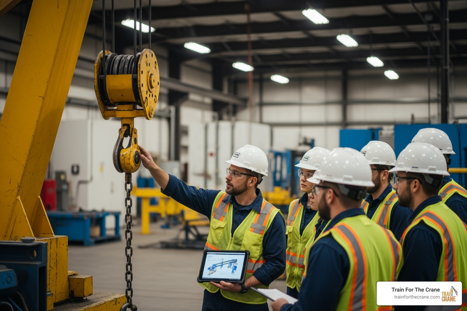 instructor teaching a small group of trainees next to a crane - overhead crane training cost instructor teaching a small group of trainees next to a crane - overhead crane training cost