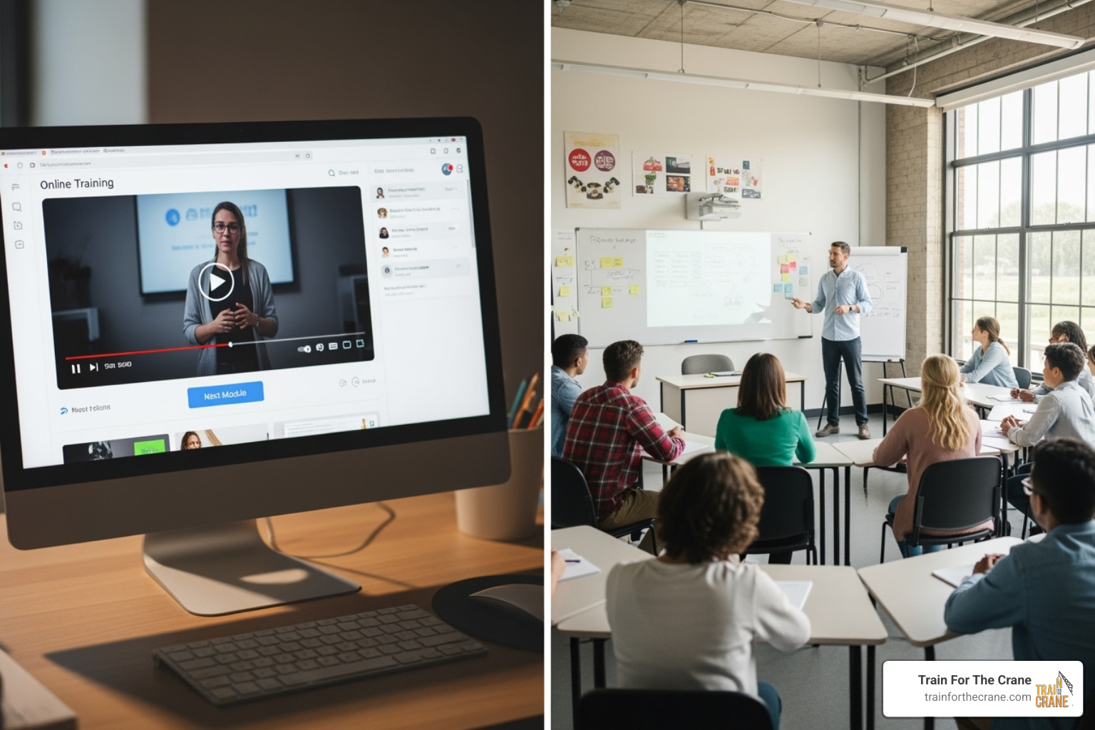 computer screen showing an online training module next to a photo of an in-person class - overhead crane training cost computer screen showing an online training module next to a photo of an in-person class - overhead crane training cost