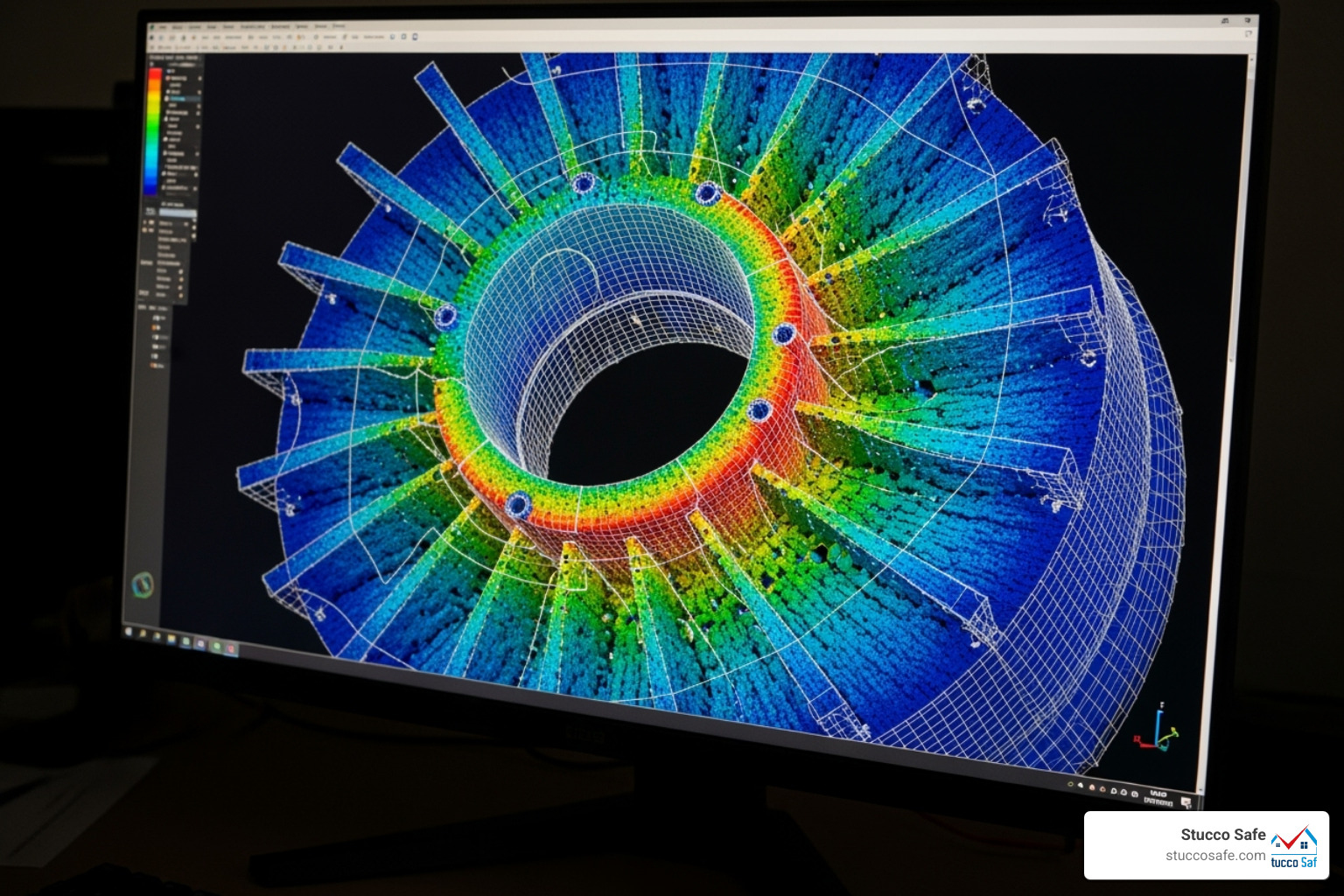 3D laser scan model on a computer screen, highlighting intricate details of an industrial component - industrial inspection and analysis