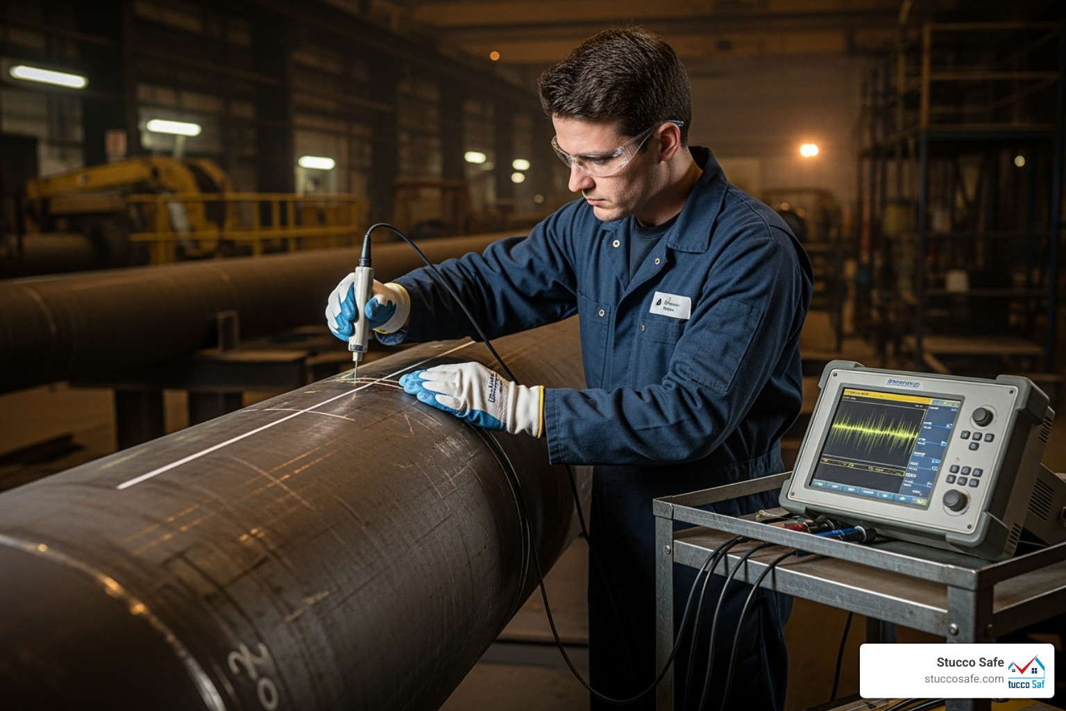 Technician performing an ultrasonic test on a large industrial pipe - industrial inspection and analysis
