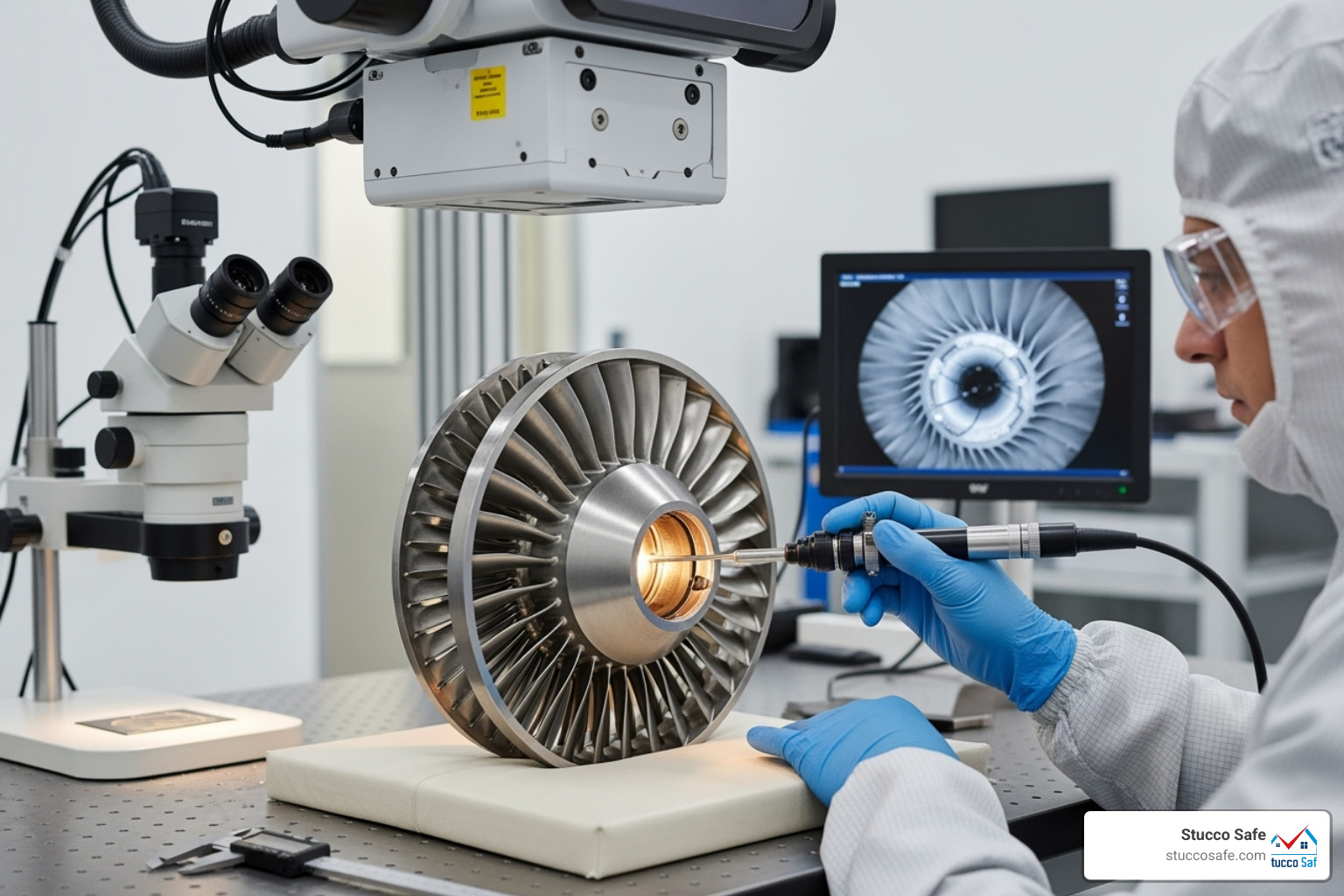 An aerospace component undergoing a detailed inspection using specialized equipment - industrial inspection and analysis