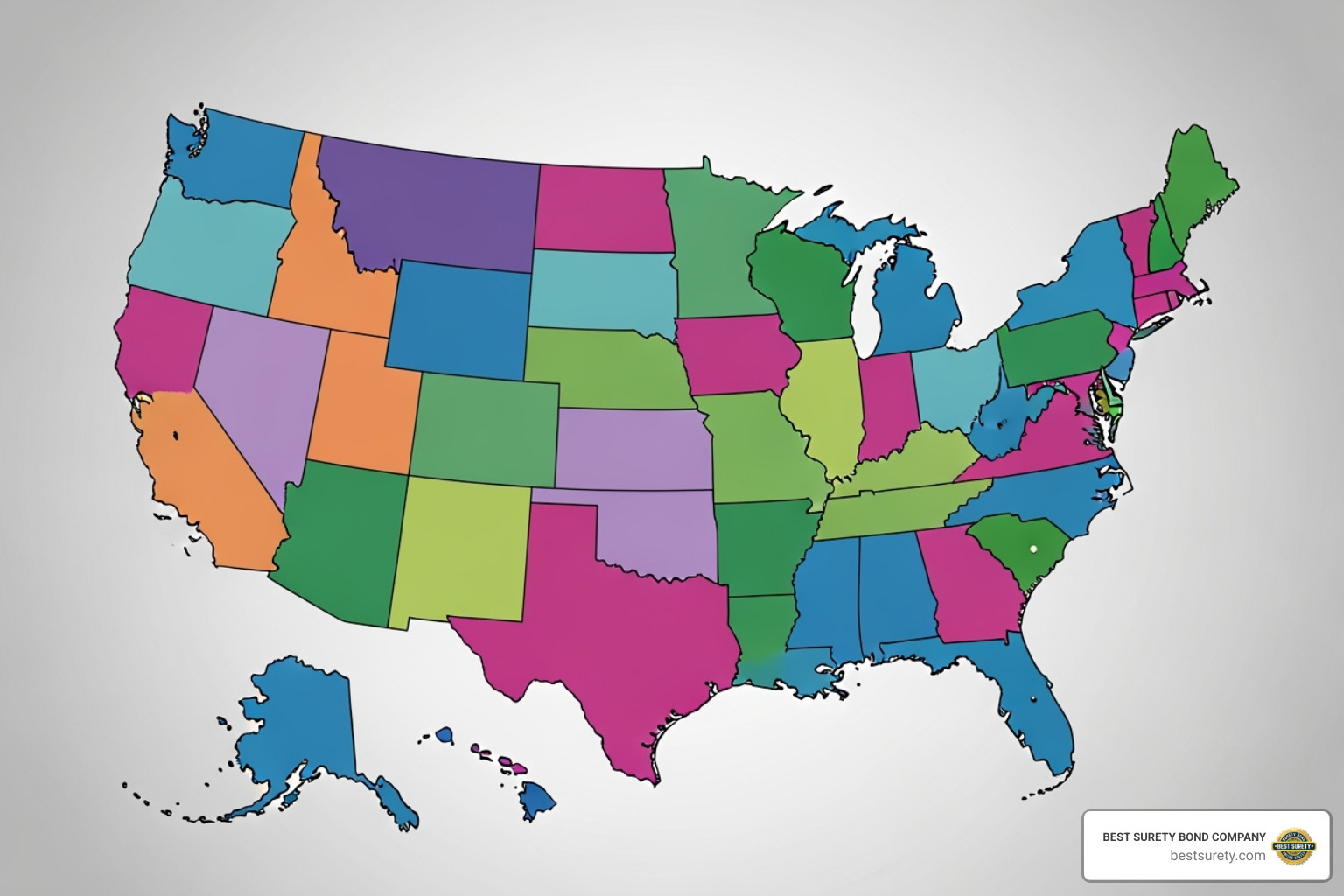 Map of the United States highlighting states with varying mortgage broker bond requirements, illustrating the state-by-state differences. - Mortgage broker bond