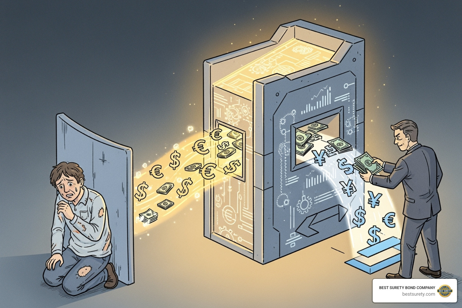 Flowchart illustrating the mortgage broker bond claims process, from a broker's violation to a consumer's claim, surety investigation, payout to the consumer, and the broker's reimbursement obligation to the surety. - Mortgage broker bond