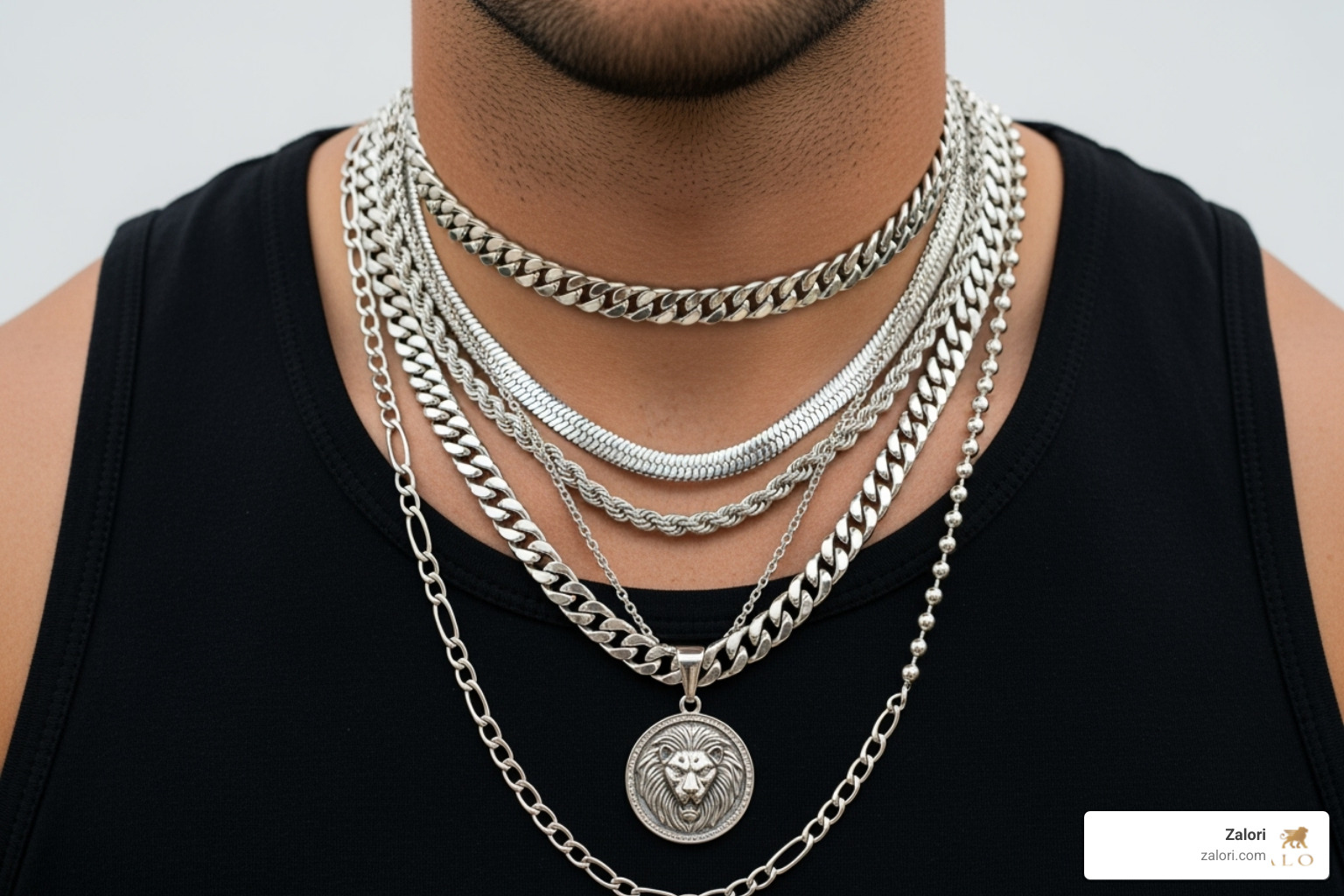 man layering multiple silver chains of different styles and lengths - mens silver chains man layering multiple silver chains of different styles and lengths - mens silver chains