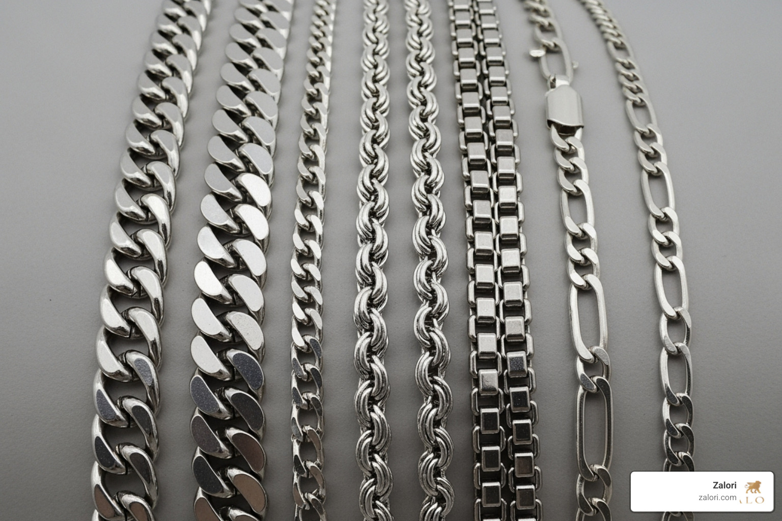 various silver chain styles laid out side-by-side - mens silver chains various silver chain styles laid out side-by-side - mens silver chains