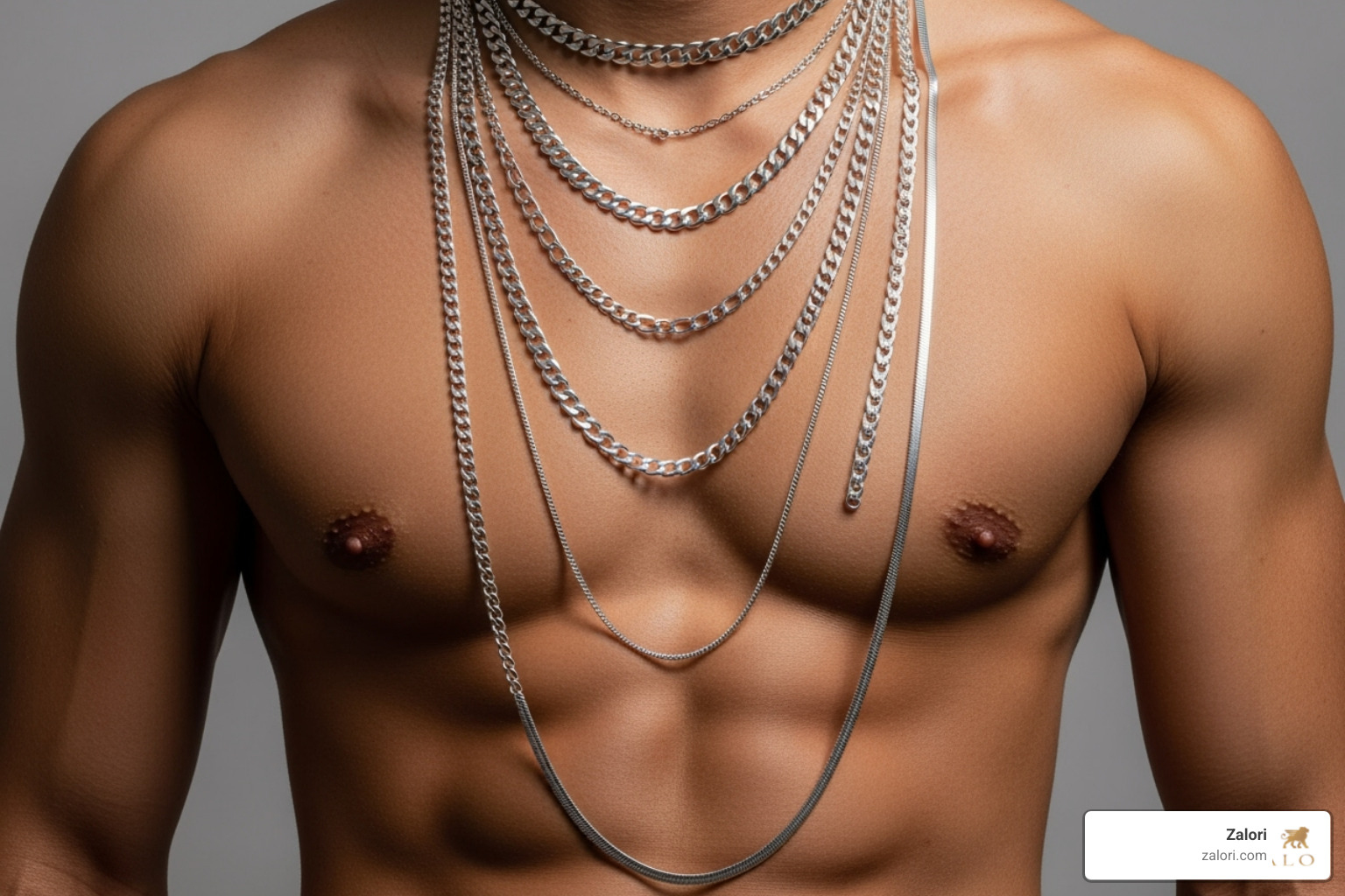 different chain lengths on a male model's torso - mens silver chains different chain lengths on a male model's torso - mens silver chains