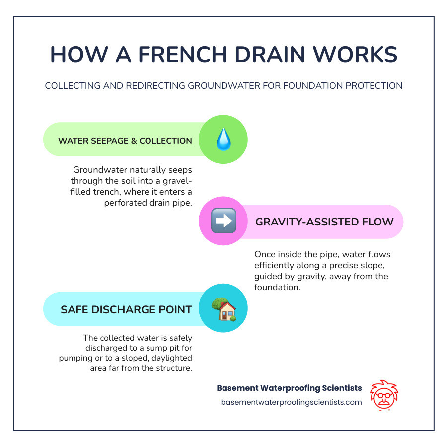 Infographic explaining how a basic French drain collects and redirects groundwater away from a home's foundation, showing the perforated pipe, gravel bed, and water flow toward a sump pit or daylight exit. - drainage tile infographic infographic-line-3-steps-colors