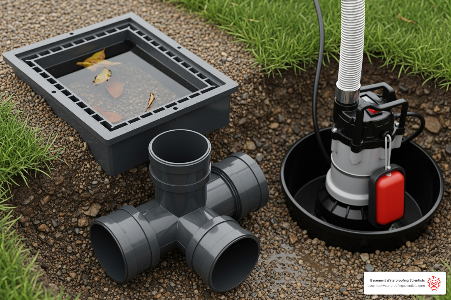 common drain tile accessories like a catch basin, wye fitting, and a sump pump - drainage tile