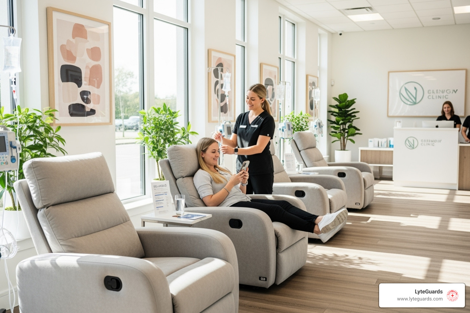 clean, professional clinic interior with a friendly nurse - hydration clinics Wilmington