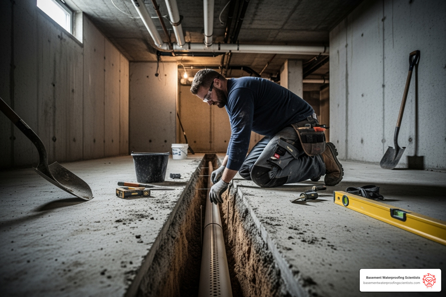 professional installing an interior drainage channel in a basement - drainage tile