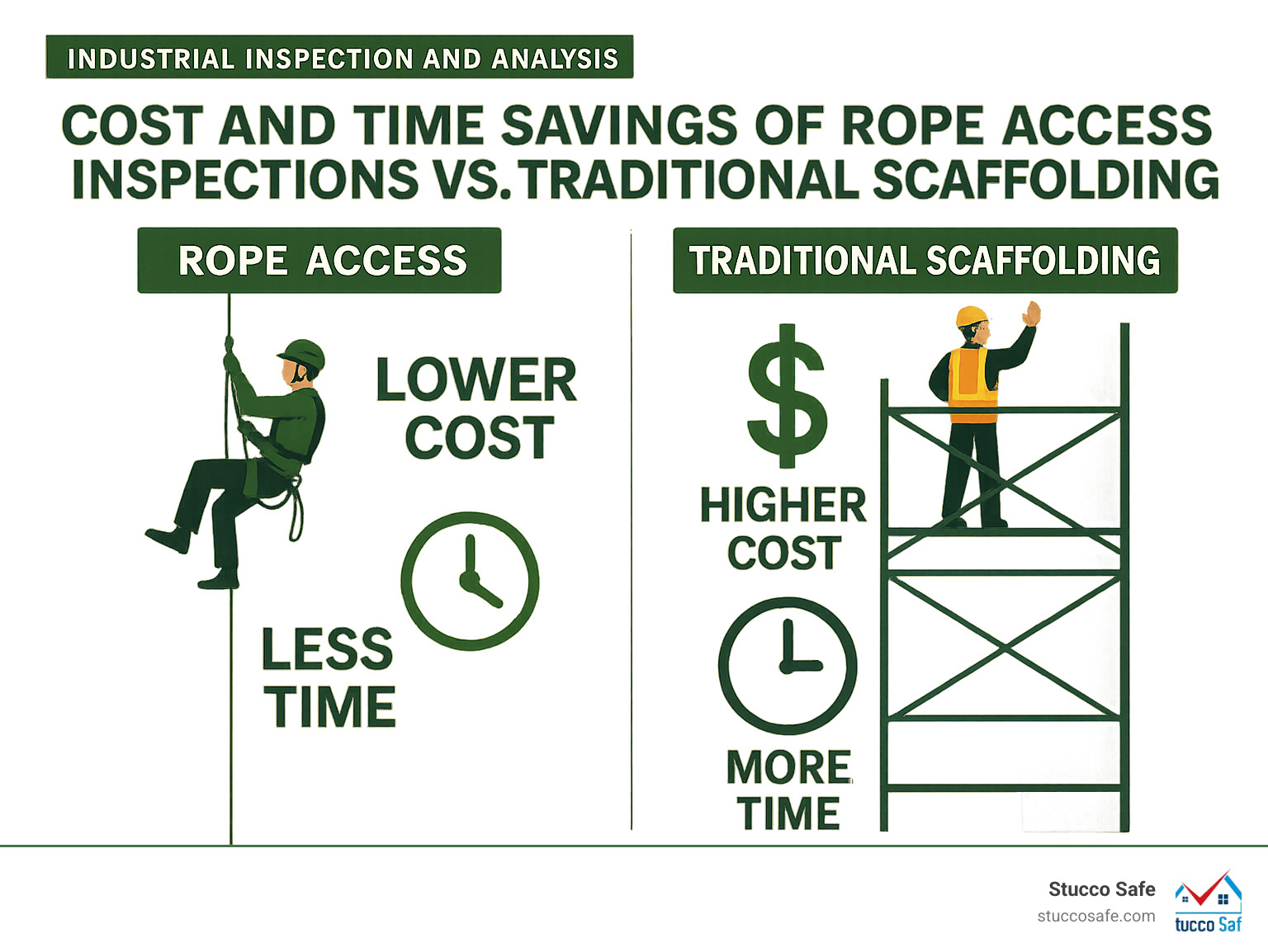 Infographic comparing the cost and time savings of rope access inspections versus traditional scaffolding methods - industrial inspection and analysis infographic 