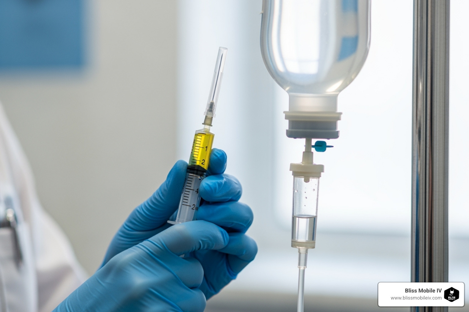 Image of a vitamin shot being prepared alongside an IV drip bag for comparison - IV therapy Salt Lake