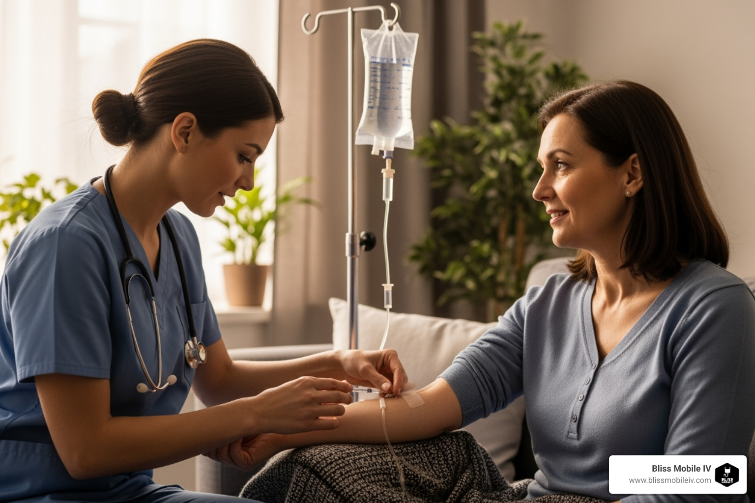 Image of a registered nurse professionally administering an IV drip in a comfortable home setting - IV therapy Salt Lake