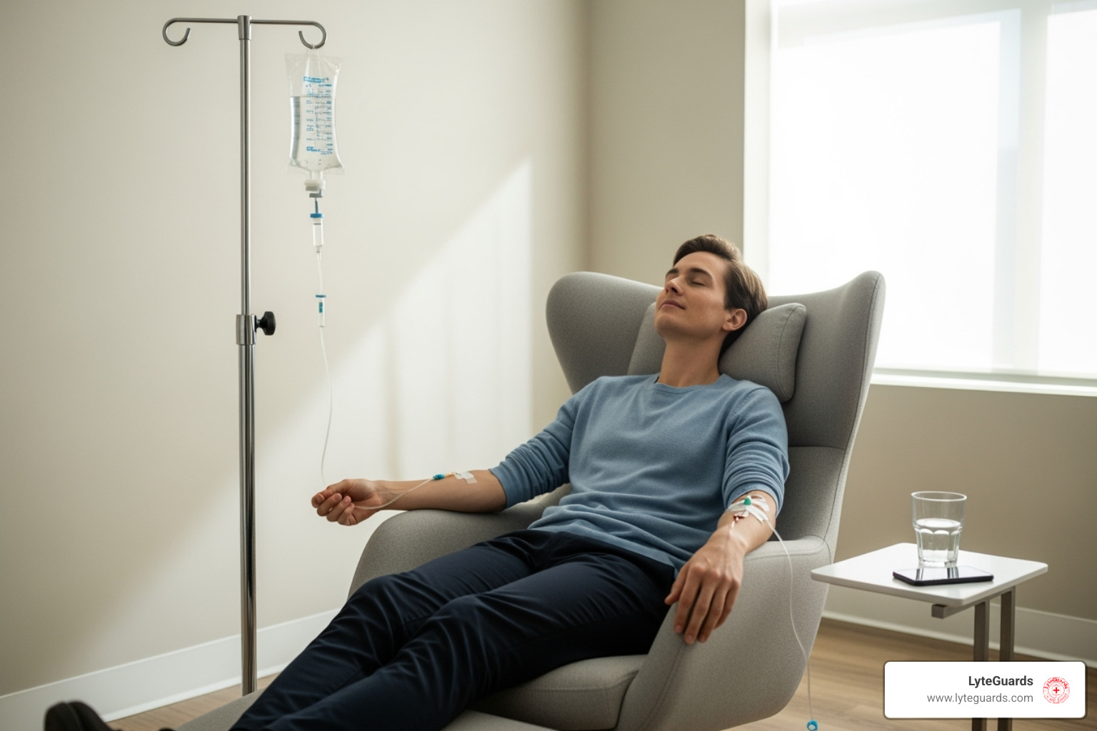 person relaxing in a chair receiving IV hydration therapy - hydration clinics Wilmington