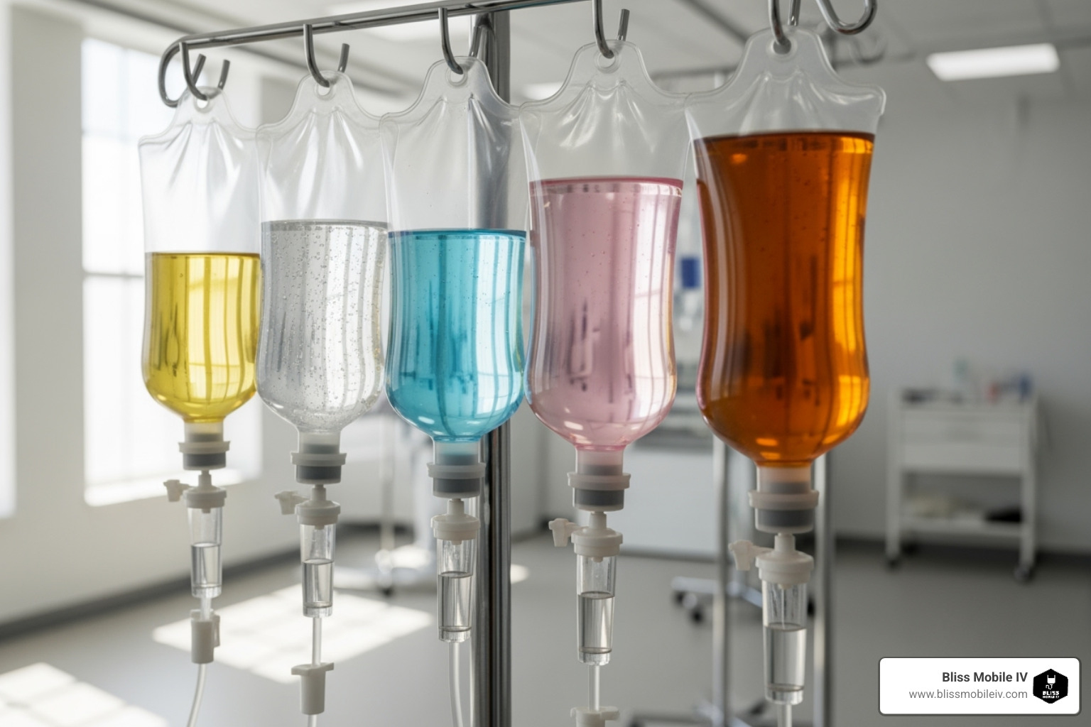 Image of a selection of different IV drip bags labeled with their purpose (e.g., 