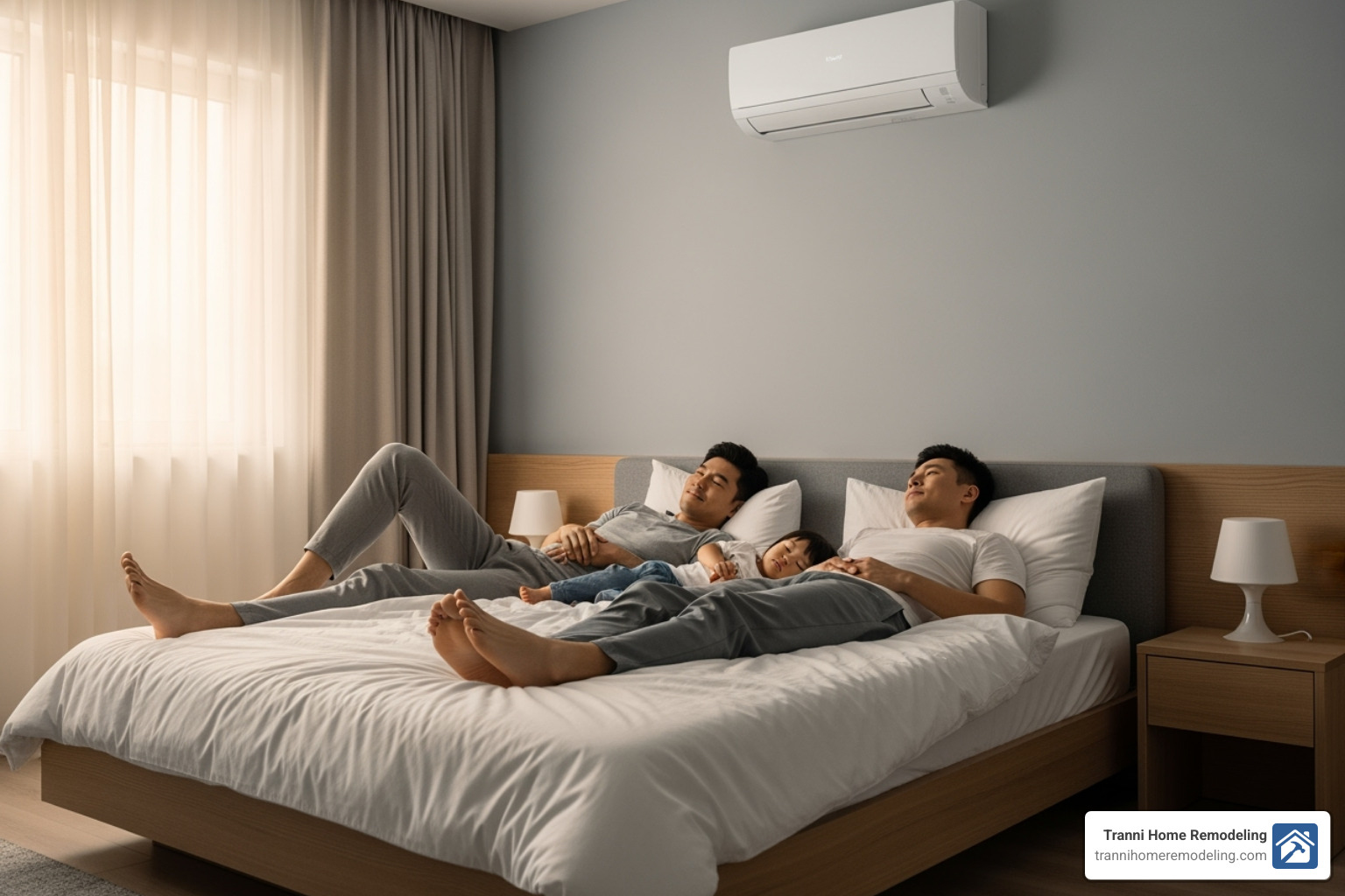 A family relaxing in a quiet bedroom with a sleek, wall-mounted mini-split unit, emphasizing the peaceful environment. - mini split ac unit A family relaxing in a quiet bedroom with a sleek, wall-mounted mini-split unit, emphasizing the peaceful environment. - mini split ac unit