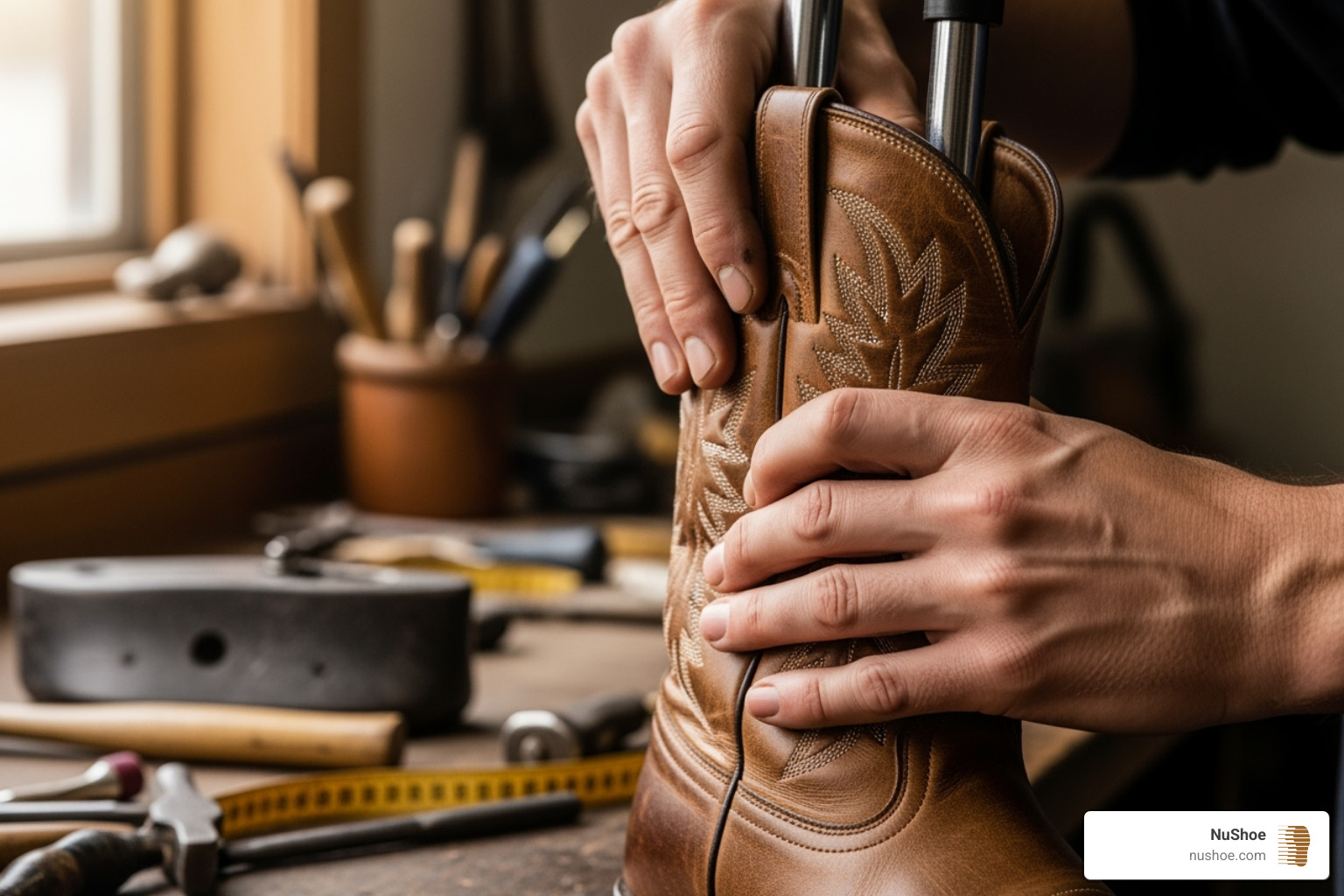 Cobbler working on a western boot shaft - repair too narrow shaft western boots bigger