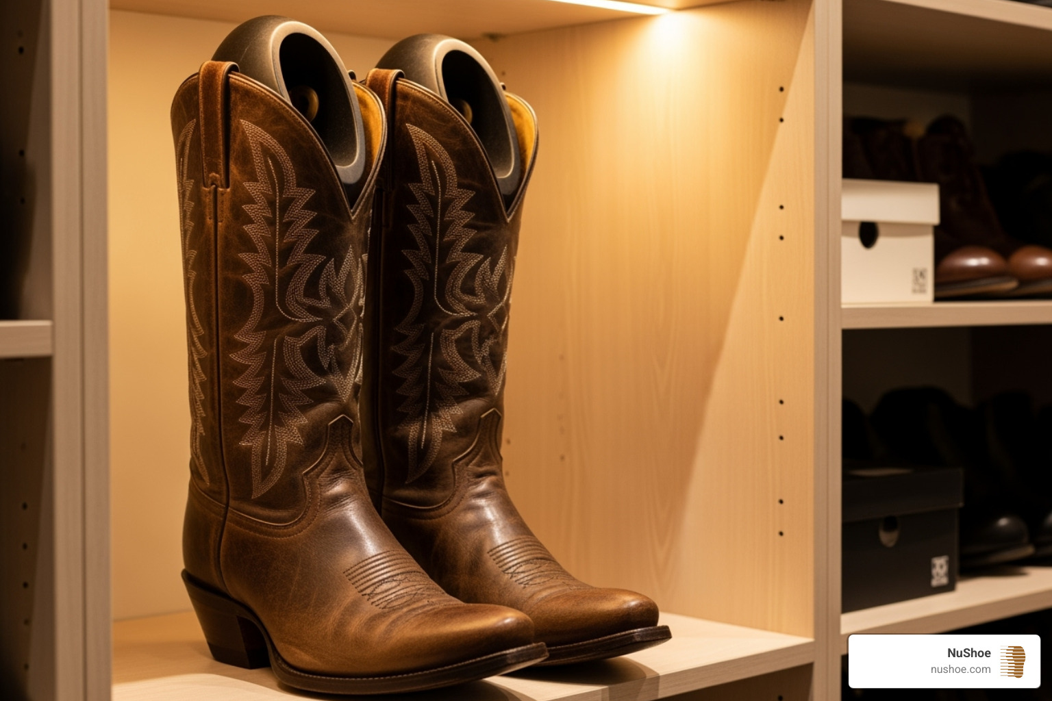 Boots stored properly with boot shapers inside - repair too narrow shaft western boots bigger