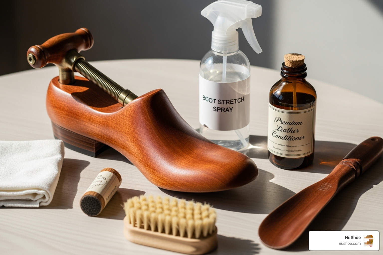 Various DIY tools like a boot stretcher, spray bottle, and conditioner - repair too narrow shaft western boots bigger