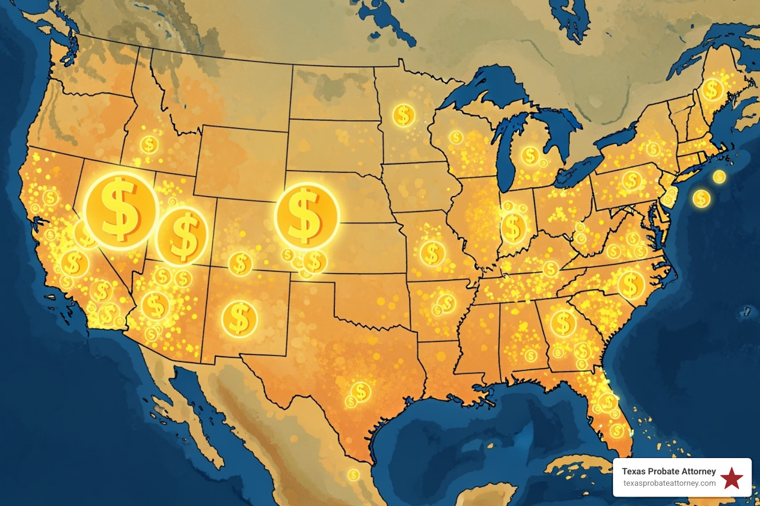 stylized map of the U.S. with dollar signs indicating wage hotspots - bls lawyer