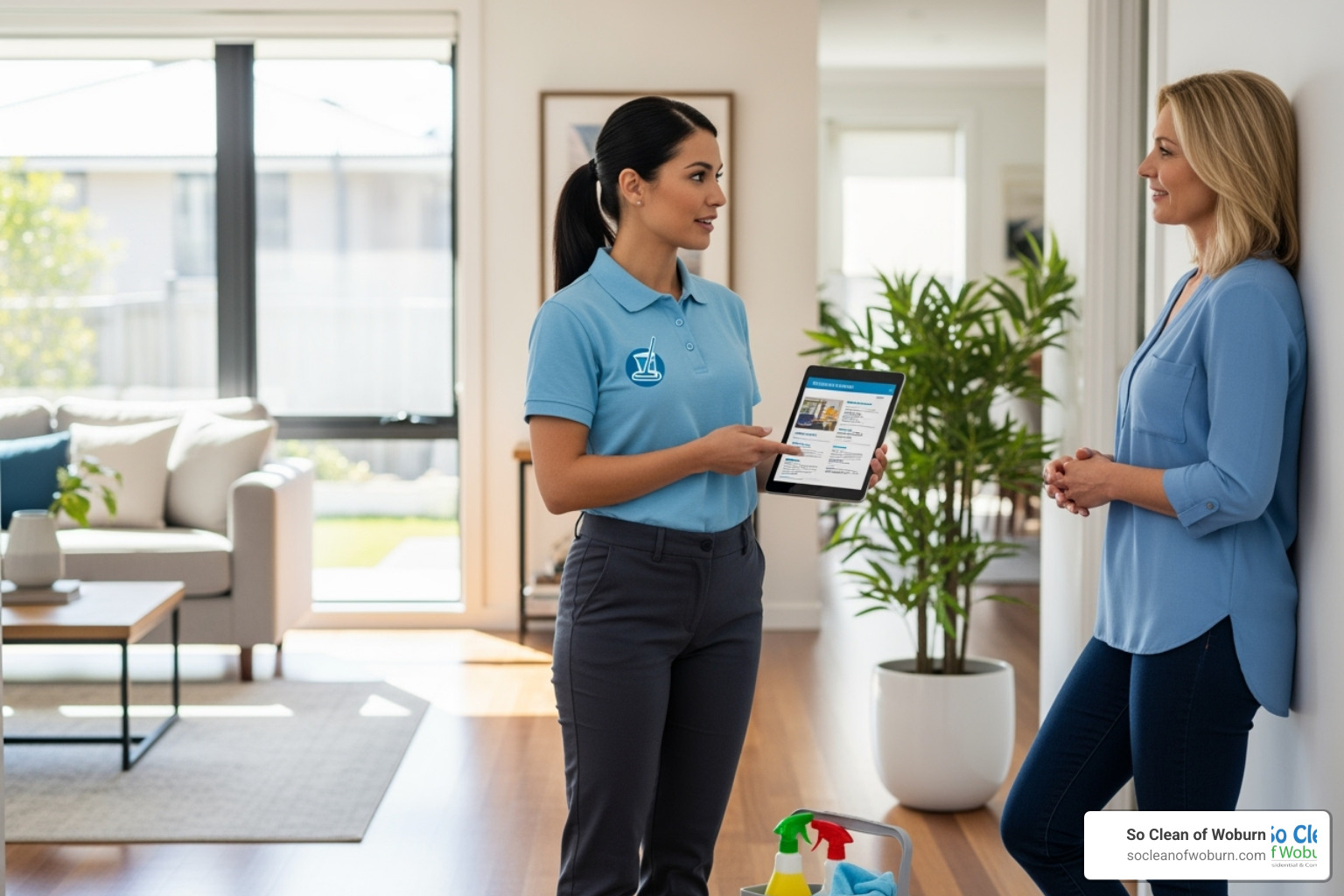 Professional cleaner consulting homeowner - Comprehensive cleaning services