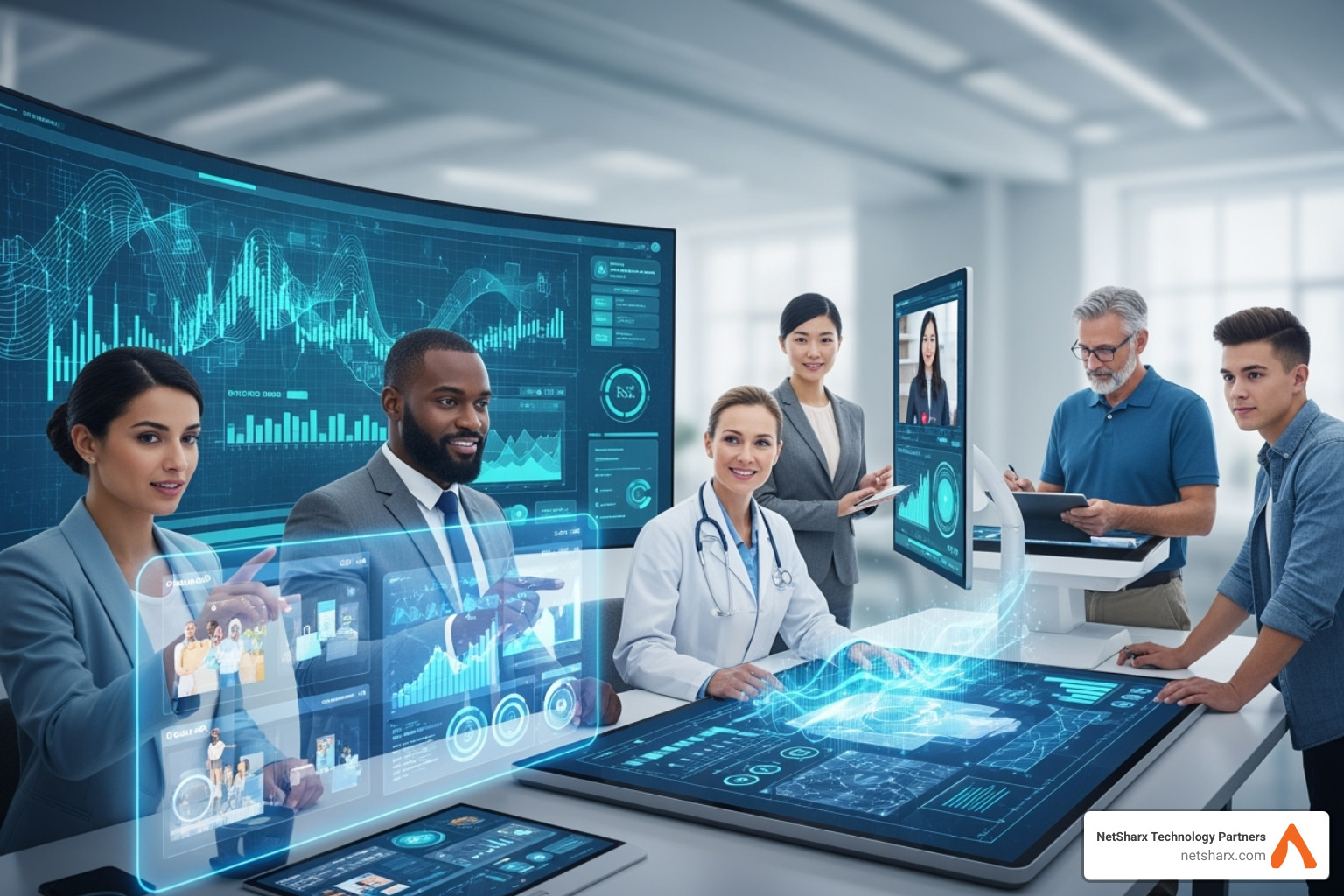 A diverse group of professionals in different industries (retail, finance, healthcare) interacting with AI interfaces. - AI for operational efficiency
