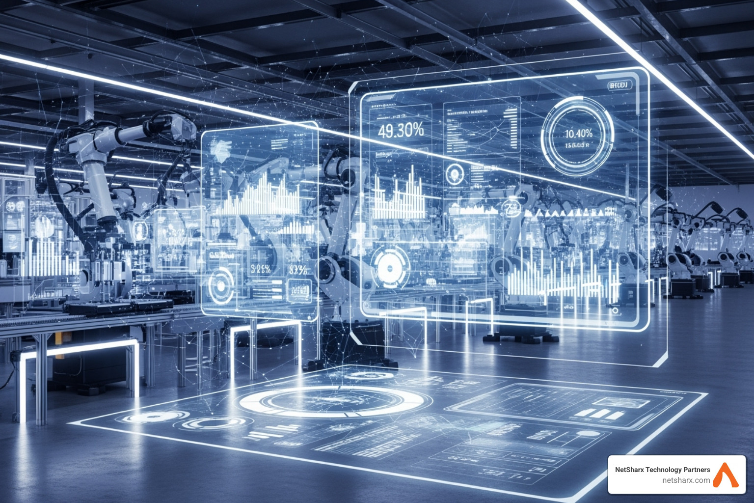 A smart factory with robots and data overlays. - AI for operational efficiency
