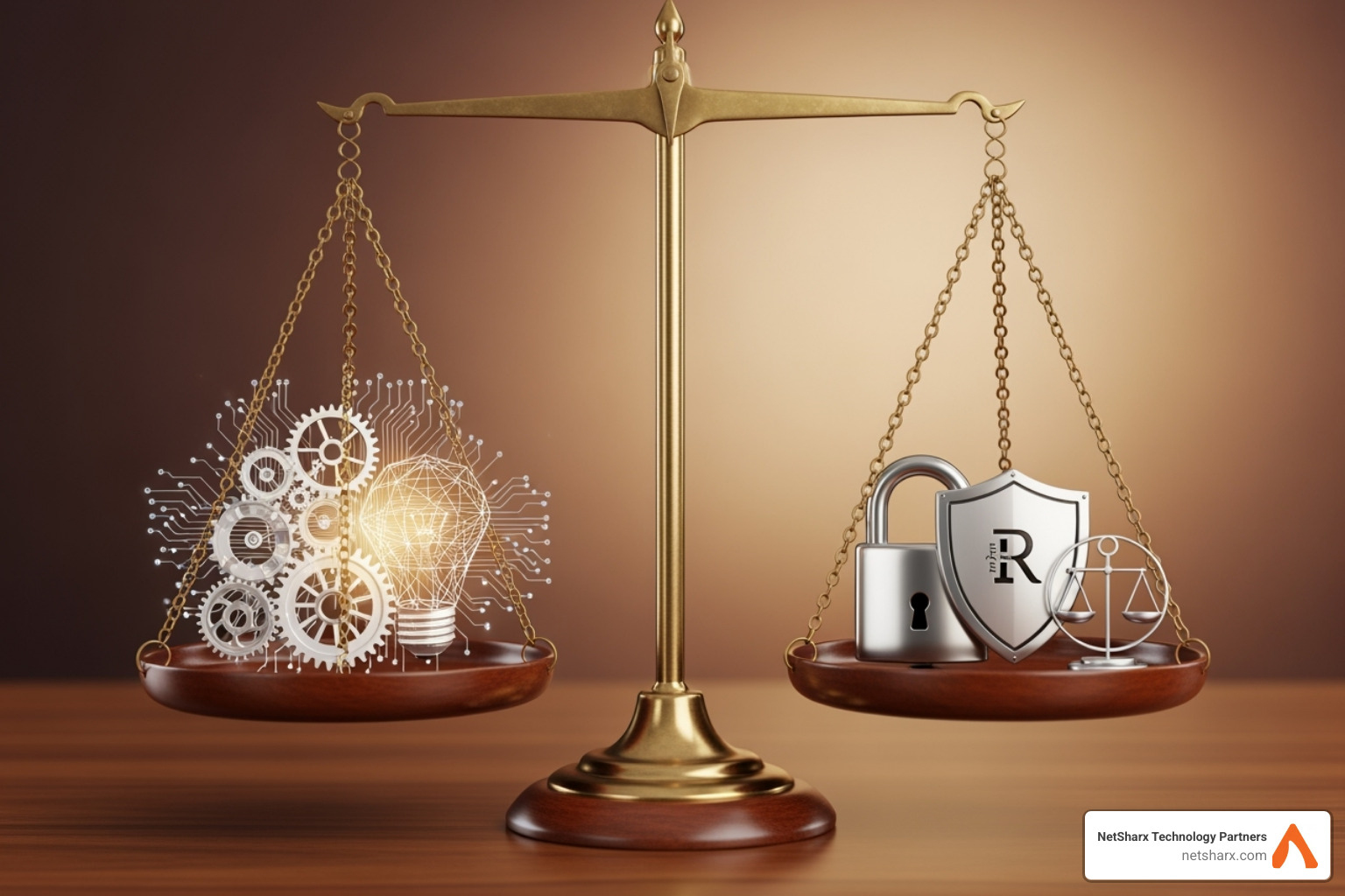 A balancing scale with "Innovation" on one side and "Responsibility" on the other. - AI for operational efficiency