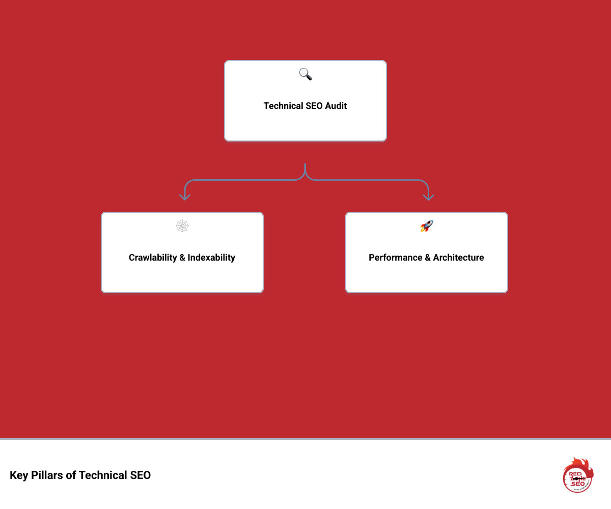 Infographic detailing the key pillars of a technical SEO audit: Crawlability (search engine bots accessing content), Indexability (search engines adding pages to their database), Performance (site speed and Core Web Vitals like LCP, INP, CLS), and Architecture (site structure, URL hierarchy, and internal linking). Each pillar has brief explanatory text and icons. - how to conduct a technical seo audit infographic hierarchy