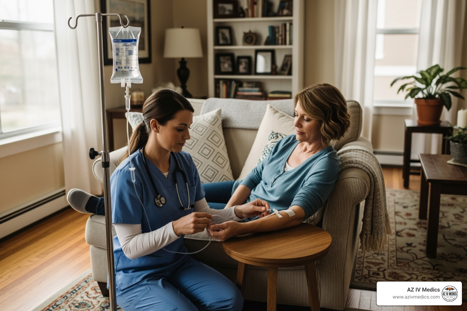 Registered nurse administering IV drip in client's living room - hydration bar
