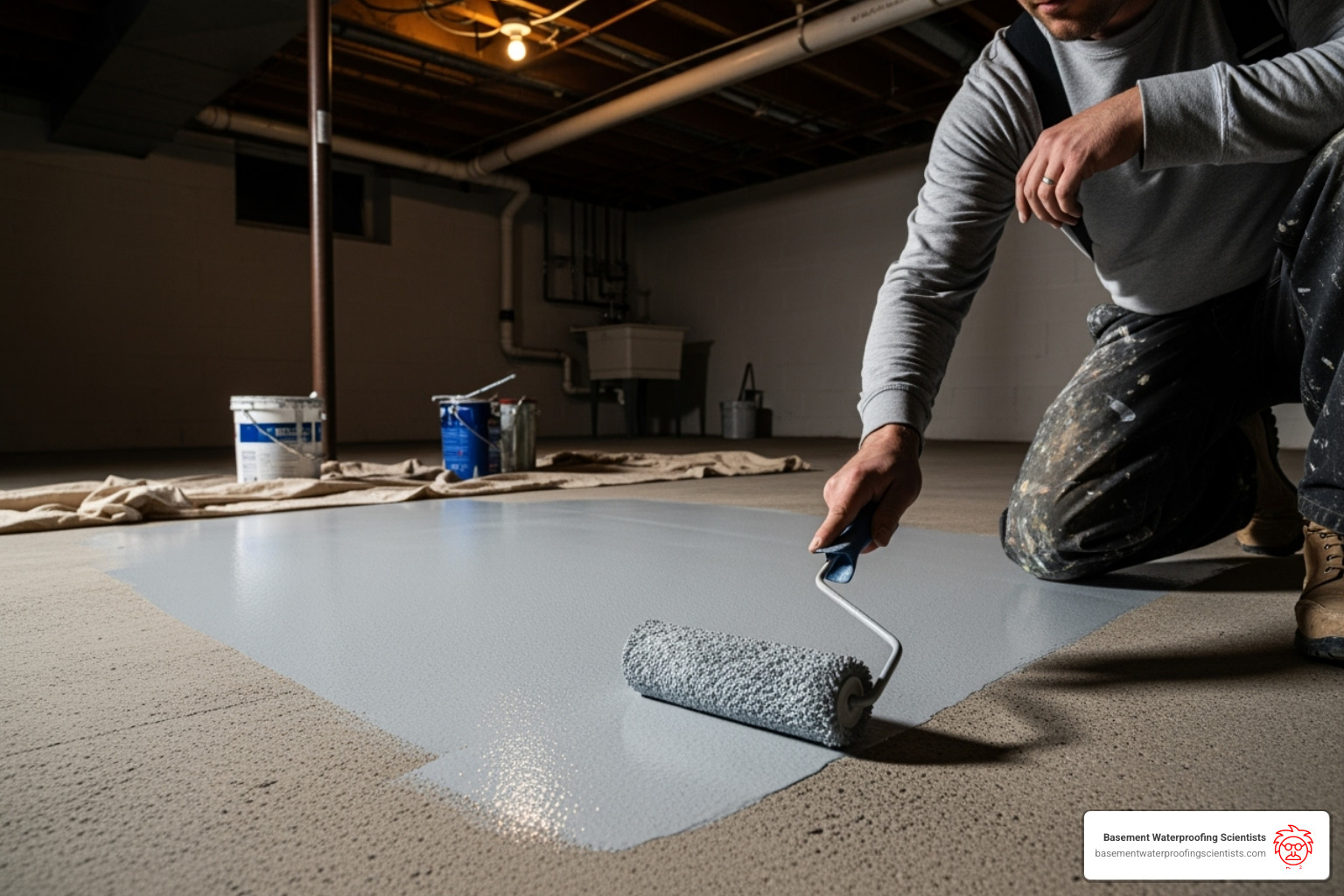 person with a roller applying paint to a concrete floor - best basement concrete floor paint