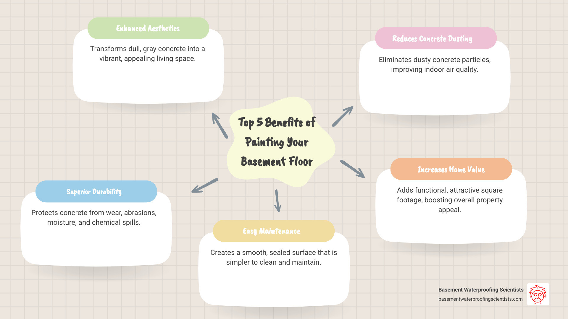 detailed description of infographic about best basement concrete floor paint benefits and types - best basement concrete floor paint infographic mindmap-5-items