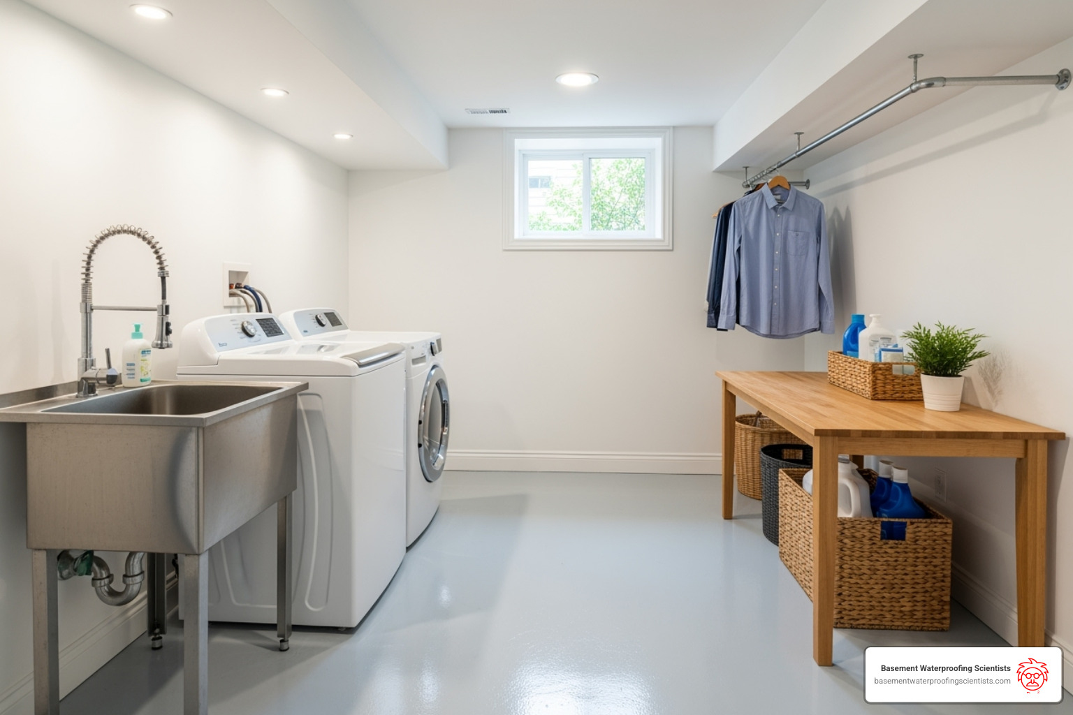 clean, bright basement laundry room with a painted floor - best basement concrete floor paint
