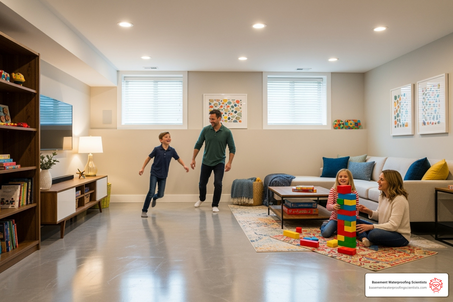 family playing in a finished basement with a painted floor - best basement concrete floor paint
