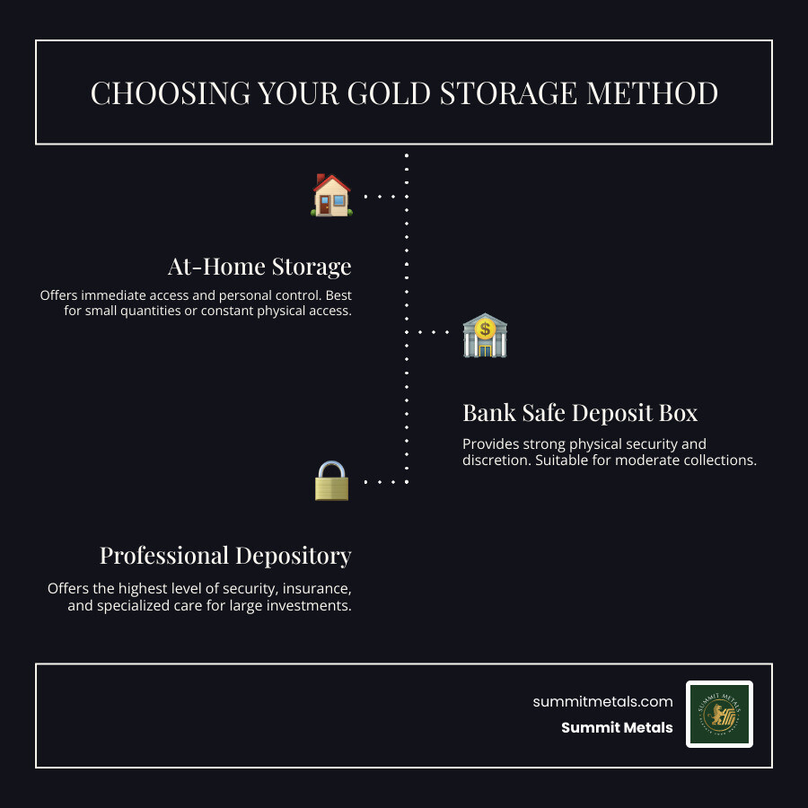 Infographic showing home, bank, and professional depository storage options for gold coins with key features for each. - best way to store gold coins infographic infographic-line-3-steps-dark