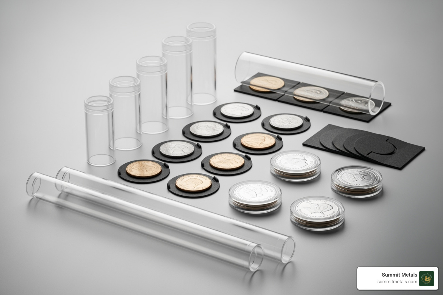 various coin storage supplies like tubes, non-PVC flips, and airtight capsules arranged on a clean surface - best way to store gold coins