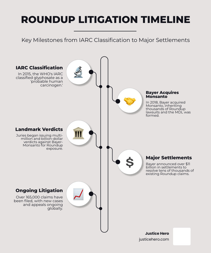 Detailed timeline infographic showing key milestones in Roundup litigation from 2015 IARC classification of glyphosate as probable carcinogen through major verdict awards, settlement negotiations, and current status of over 165000 pending claims - roundup lawsuit lawyers infographic infographic-line-5-steps-neat_beige